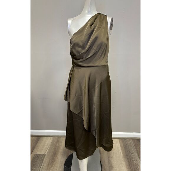 Sachin + Babi Evangeline Draped One-shoulder Midi Dress Olive Size 4 $495 - Picture 4 of 11